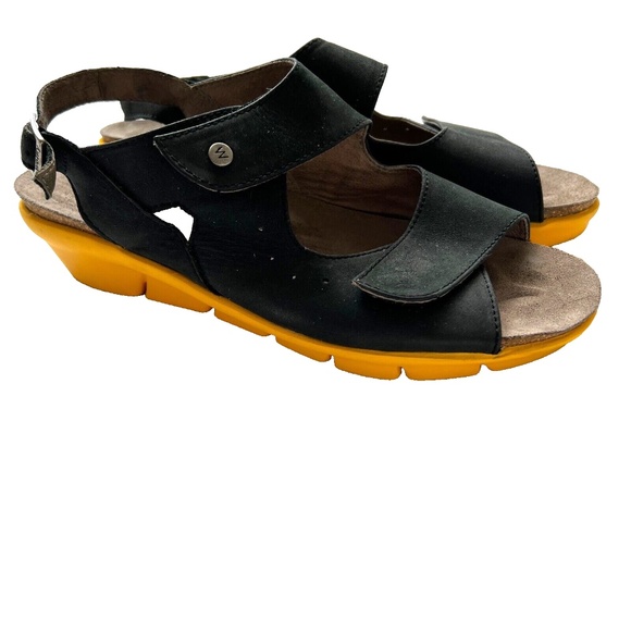 Wolky Leather Sandals 2 Strap Comfort Hook & Loop Black Yellow 41 US Size 9 1/2 - Picture 3 of 8